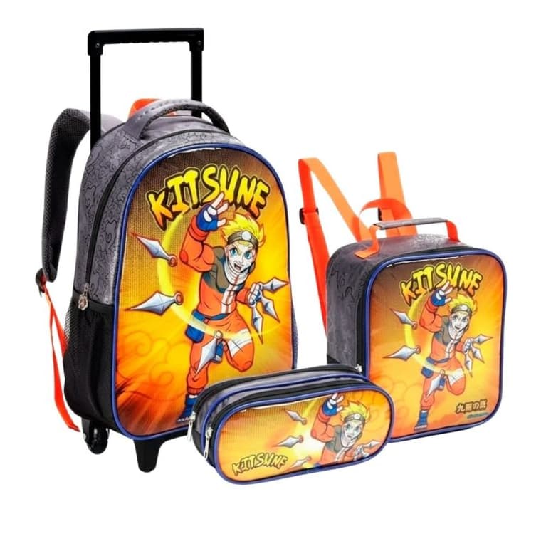 Kit Escolar Infantil Carrinho + Lancheira e Estojo - Kitsune