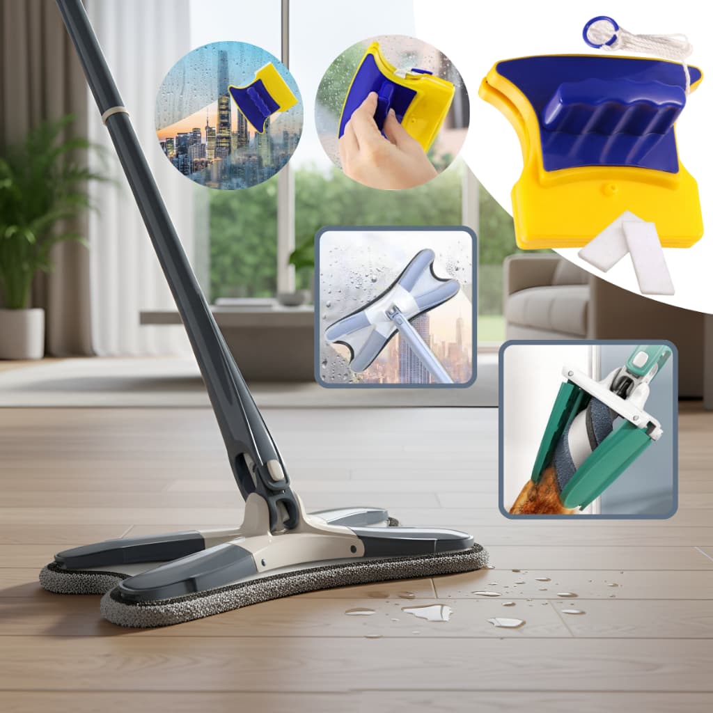 Esfregão Limpeza Rodo Mop Mágico Giratório Banheiro Chão Janela Teto + Limpador de Vidros Magnético