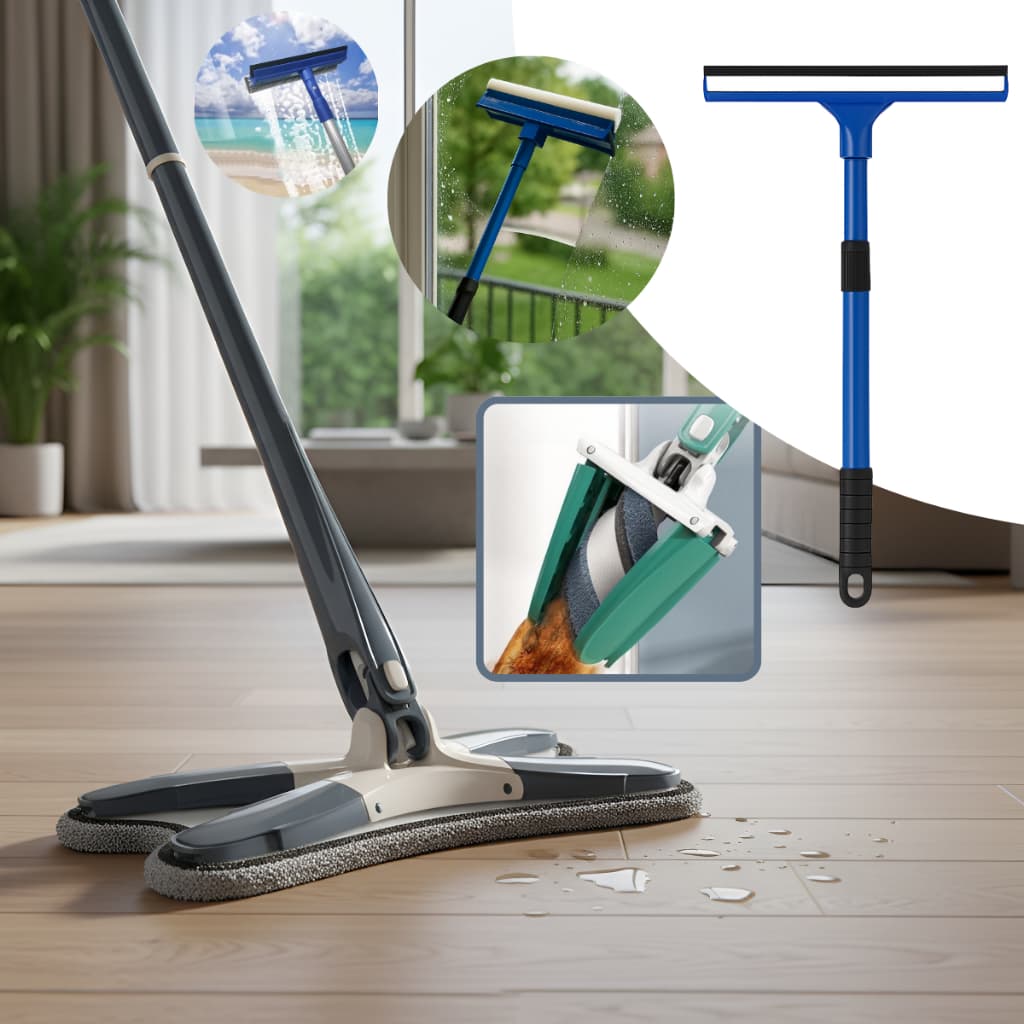 Mop Giratório Limpeza Esfregão X Banheiro Chão Janela Teto Parede + Rodo Limpador de Vidros Sacada