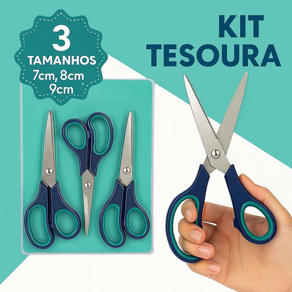 Kit 3 Tesouras Multiuso Para Costura Artesanato Papel Corte de Linha e Acabamento Profissional - MZ