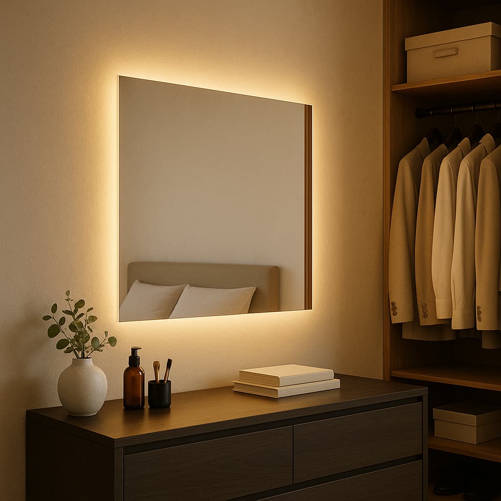 Espelho quadrado com led decorativo para banheiro 70x70 bivolt kit instalação prática quarto