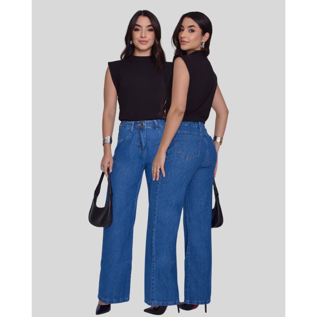 Calça Jeans Wide Leg Feminina Cintura Alta Levanta Bumbum 100% Algodão