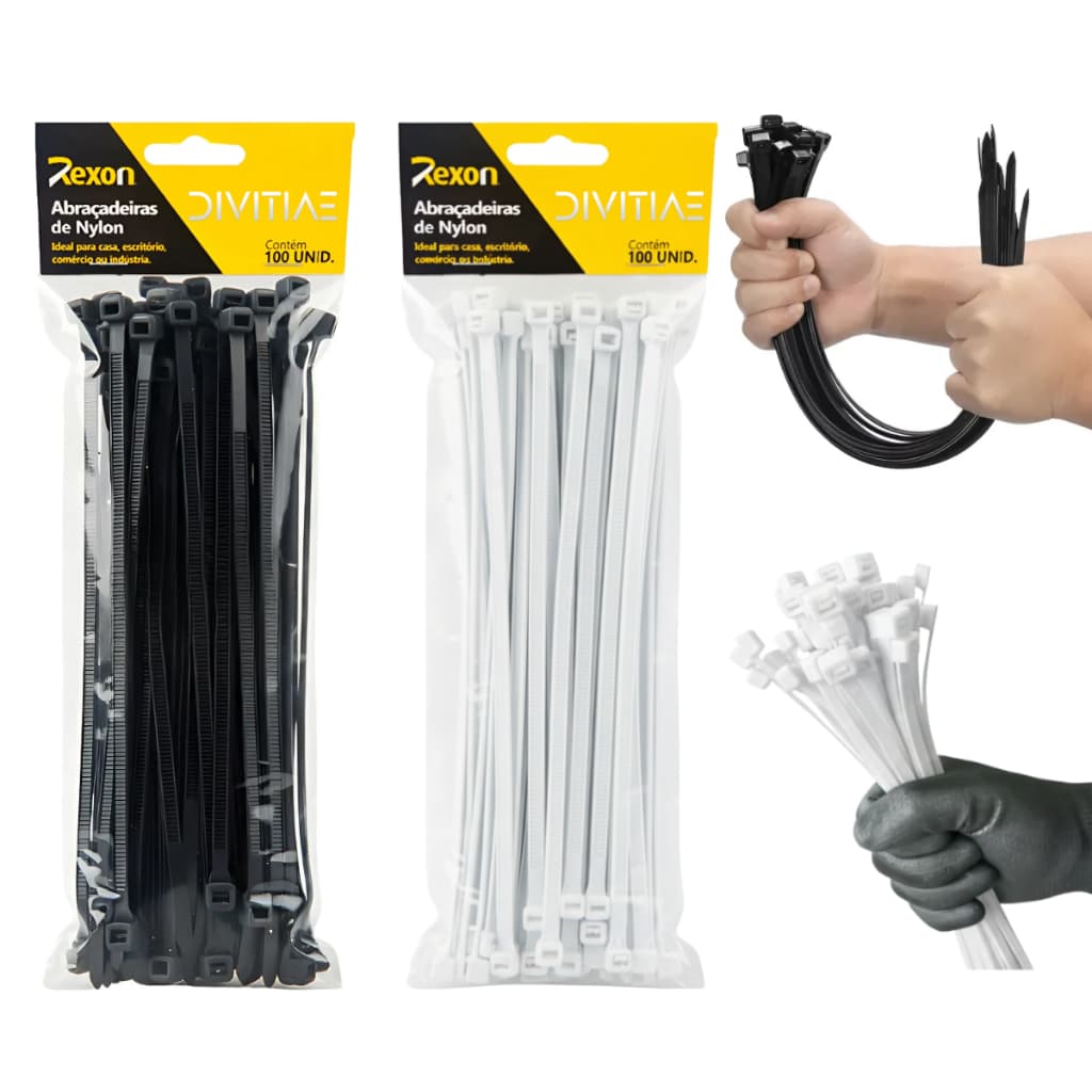 Kit 100 Abraçadeira Nylon Cintas Plásticas Enforca Gato Preto/Branco - Várias Medidas
