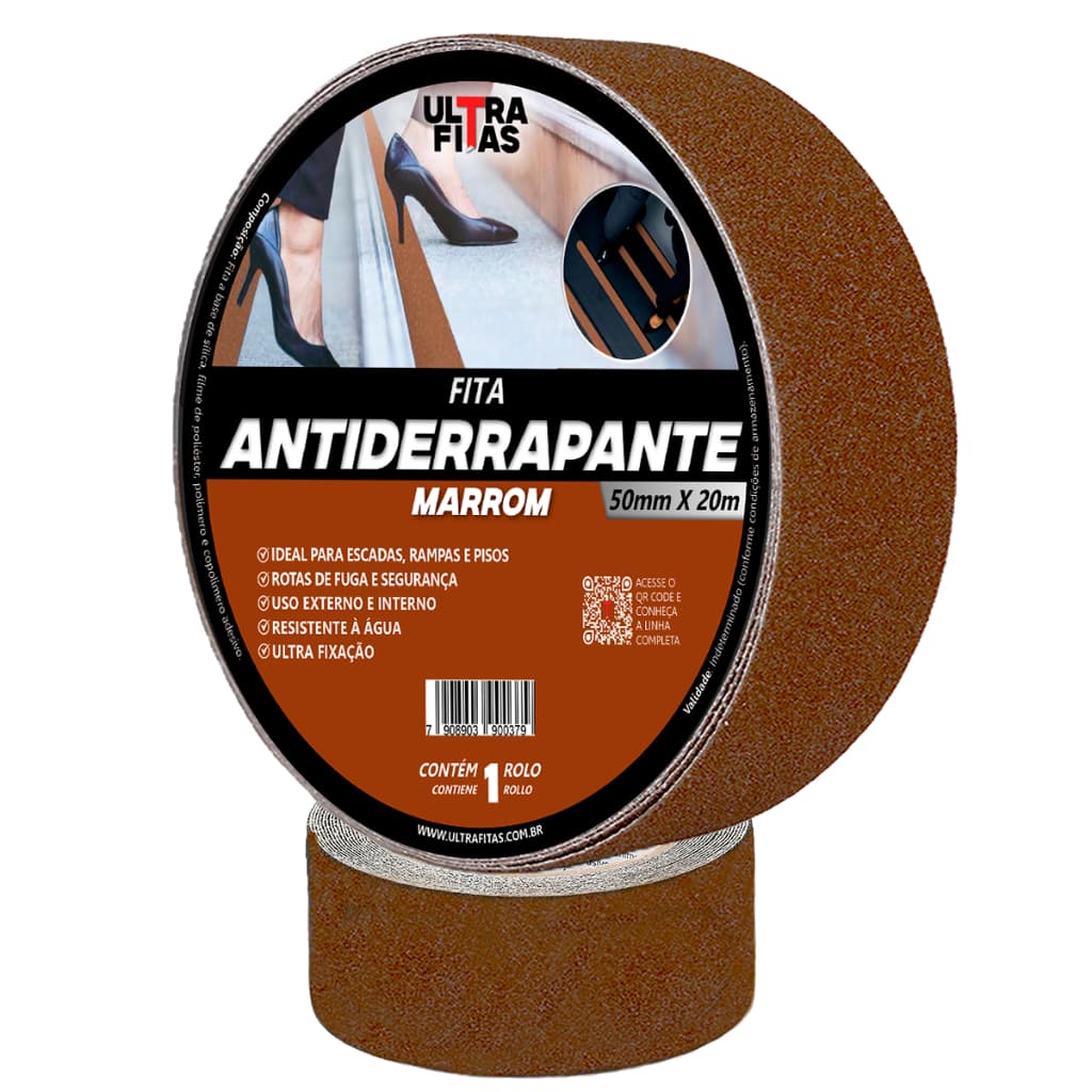 Fita Antiderrapante 50 mm X 20 Metros - Marrom Resistente a Água Adesiva Lixa Rolo Antideslizante