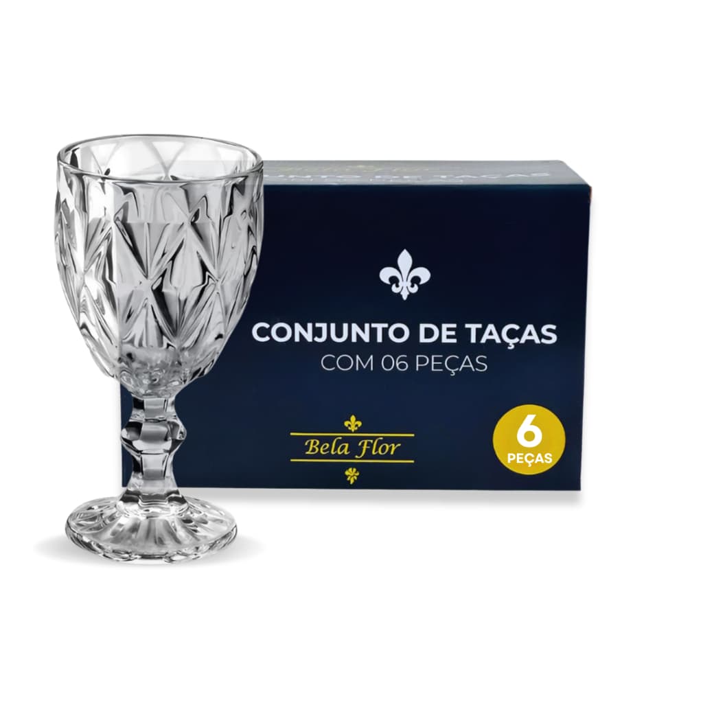 Jogo 6 Taças Diamante Vidro 330ml Cristal  Copo Diamond Moderno Luxo Taça Para Água Vinho Tinto Suco