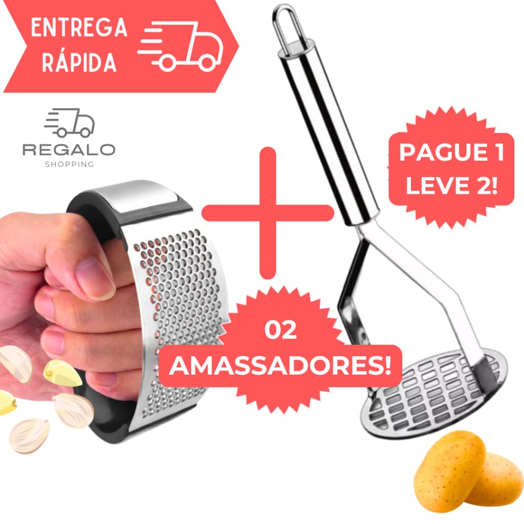 Kit Amassador de Batata com Amassador de Alho Manual Triturador Macetador Legumes Amassar Ralador