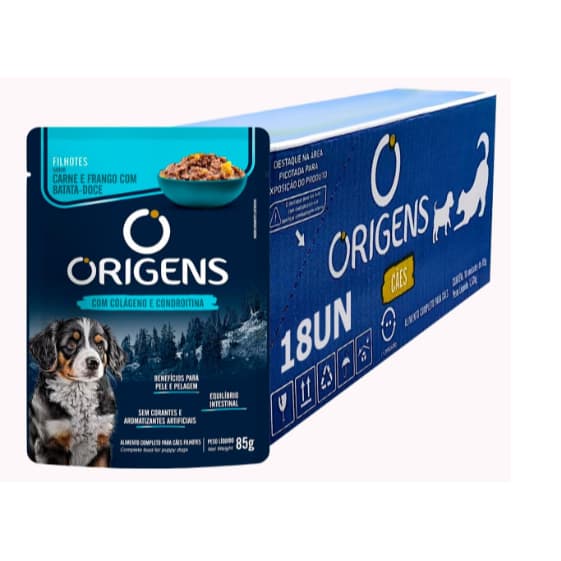 Sachê Origens Premium Especial Cães Filhotes Sabor Carne e Frango com Batata-doce 85 g - kit com 18 unidades