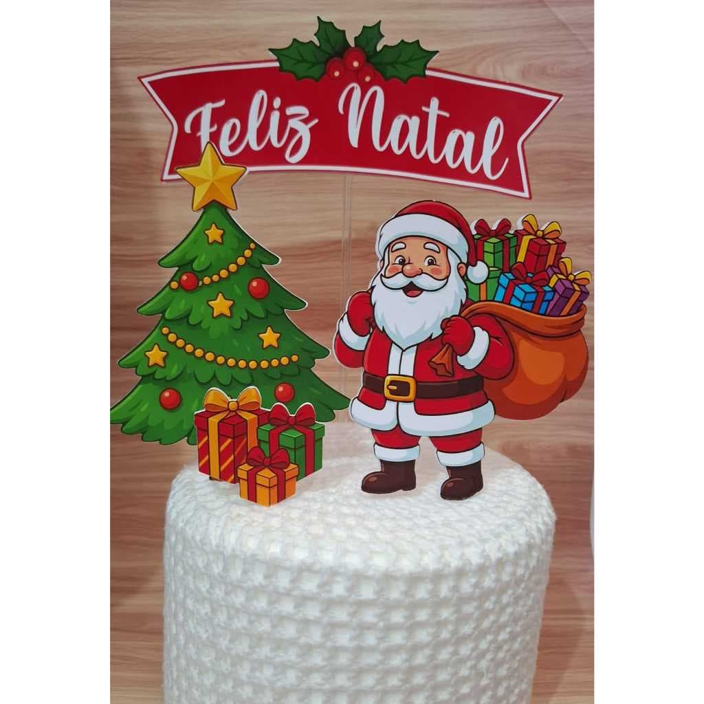 Topo de Bolo Natal • Papai Noel + Árvore + Presentes - Decoração de bolo