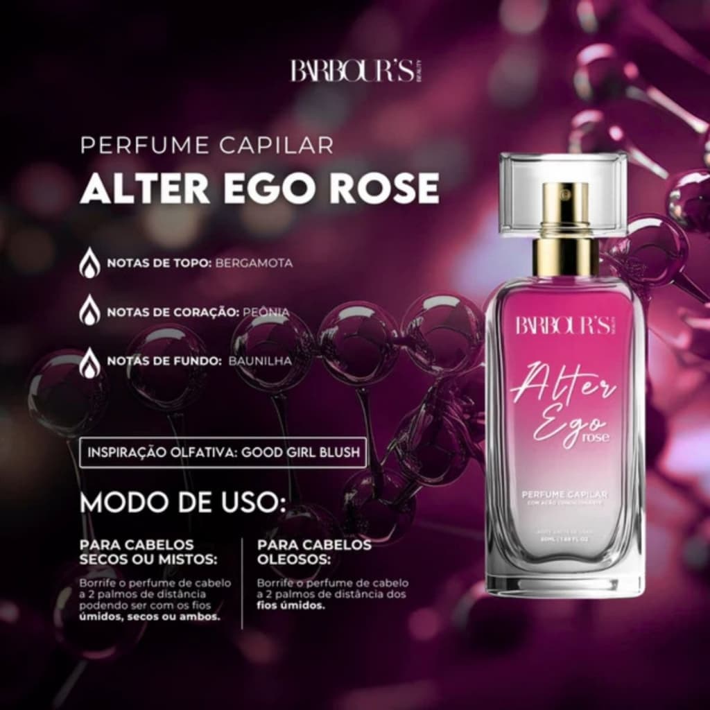 Perfume Capilar e Finalizador Condicionante Spray Termoativo Barbour’s Beauty Alter Ego Rose 50mL