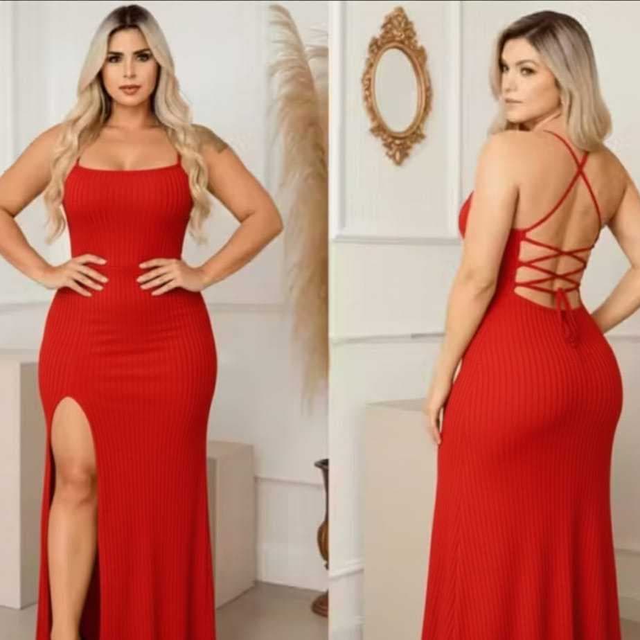Vestido Feminino Tecido Canelado Alcinha Longo Fenda Amarração Acinturado Modelador Costas Nua Trançada