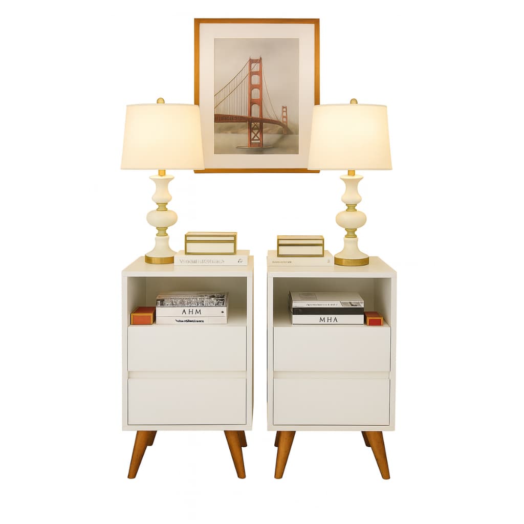 Kit Com 2 Mesas de Cabeceira Para Quarto Like Pés Estilo Retrô  Pés em Madeira Branco