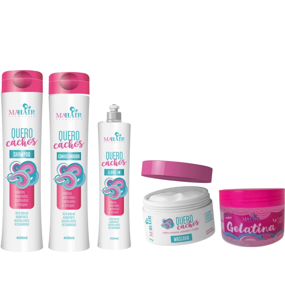 Kit Capilar Shampoo Condicionador Máscara Leave in e Gelatina Quero Cachos Mahair Promoção!