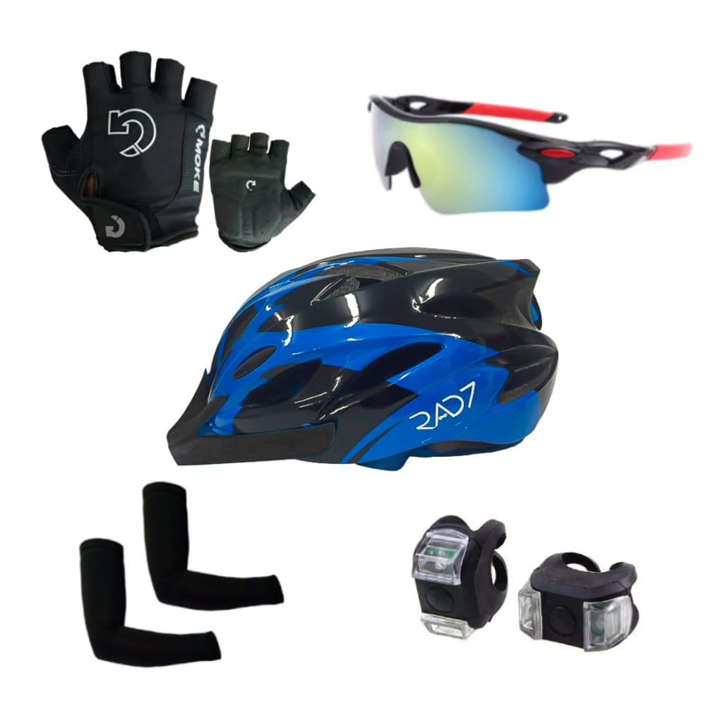 Kit Ciclismo Capacete Bike + Luva Ciclismo + Óculos Esportivo + Manguito + Par de Luz Led Farol