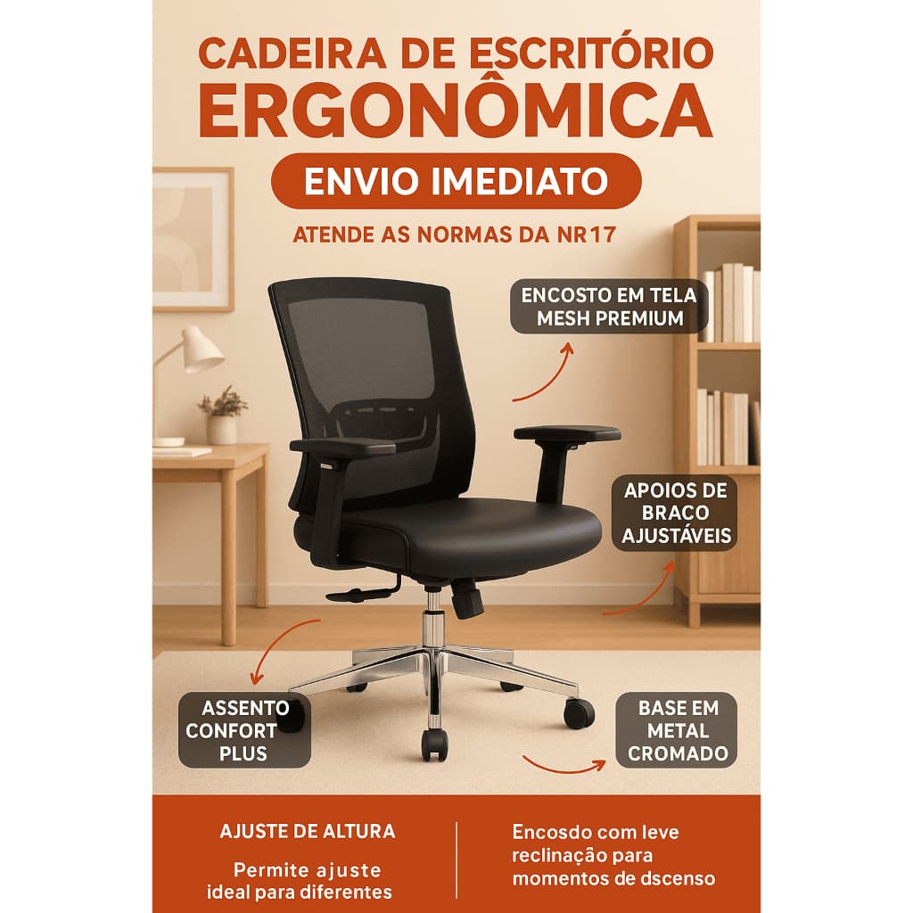 Cadeira de Escritório Ergonômica Tela Mesh NR17 |Conforto, Regulagem Completa e Suporte Longas Horas