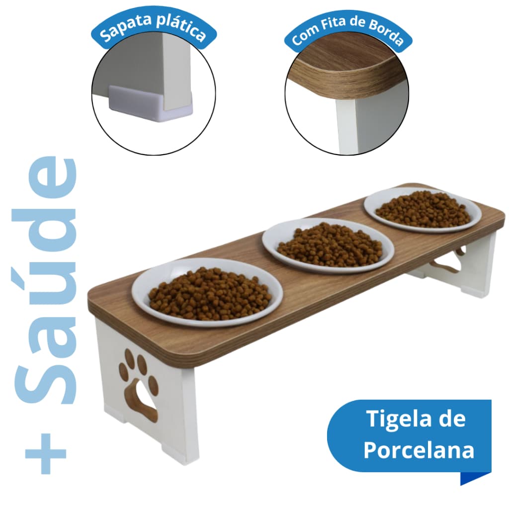 Comedouro Triplo Elevado Premium Cachorro MDF - Tigelas Inox e Porcelana