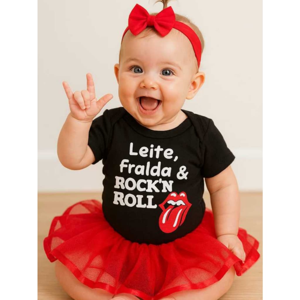 Body Bebê LEITE, FRALDA E ROCK'N ROLL - Body Frases Divertidas Bebê Menino e Menina