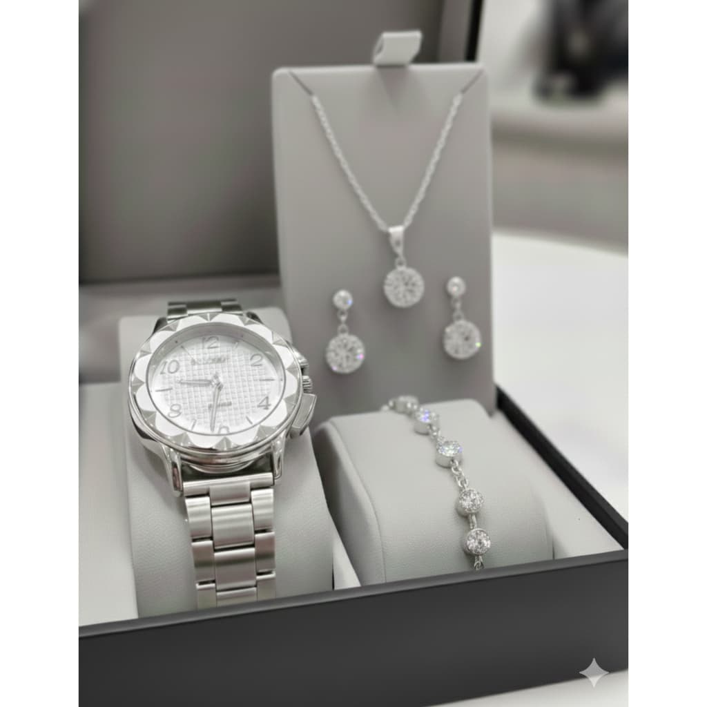 Kit Relógio de Pulso Feminino Quartzo Pulseira aço inox + Conjunto Colar e Par de Brincos Folheado