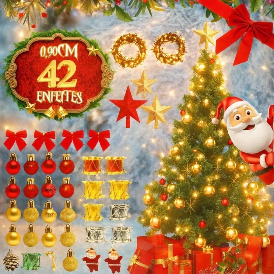 Árvore De Natal Verde Luxo 90cm kit Com 42 Enfeites + Pisca Pisca Modelo luxuoso Decoração