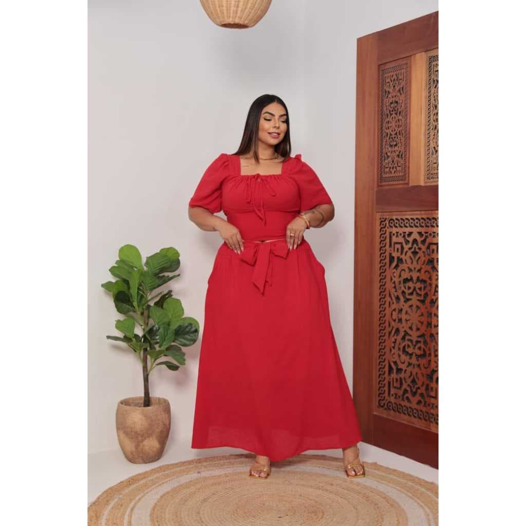 Conjunto Primavera/Verão Plus Size Saia Longa e Blusa em Viscolinho Casual Festa