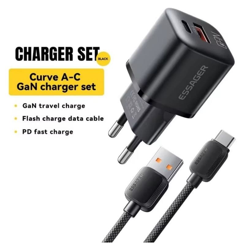 Kit carregador + cabo Essager - fonte 20W + cabo de 1 metro - 2 entradas - padrão GAN