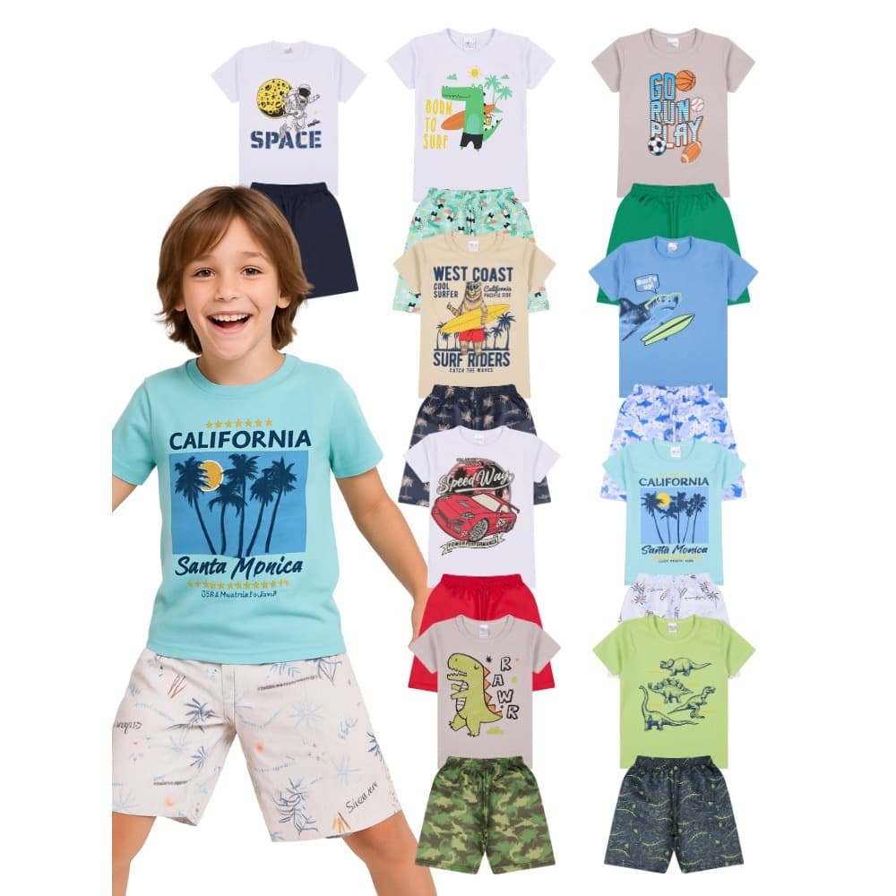 Conjunto Completo Sortido Masculino Camiseta + Bermuda 100% Algodão/ Estampas Sortidas- Conforto e Durabilidade