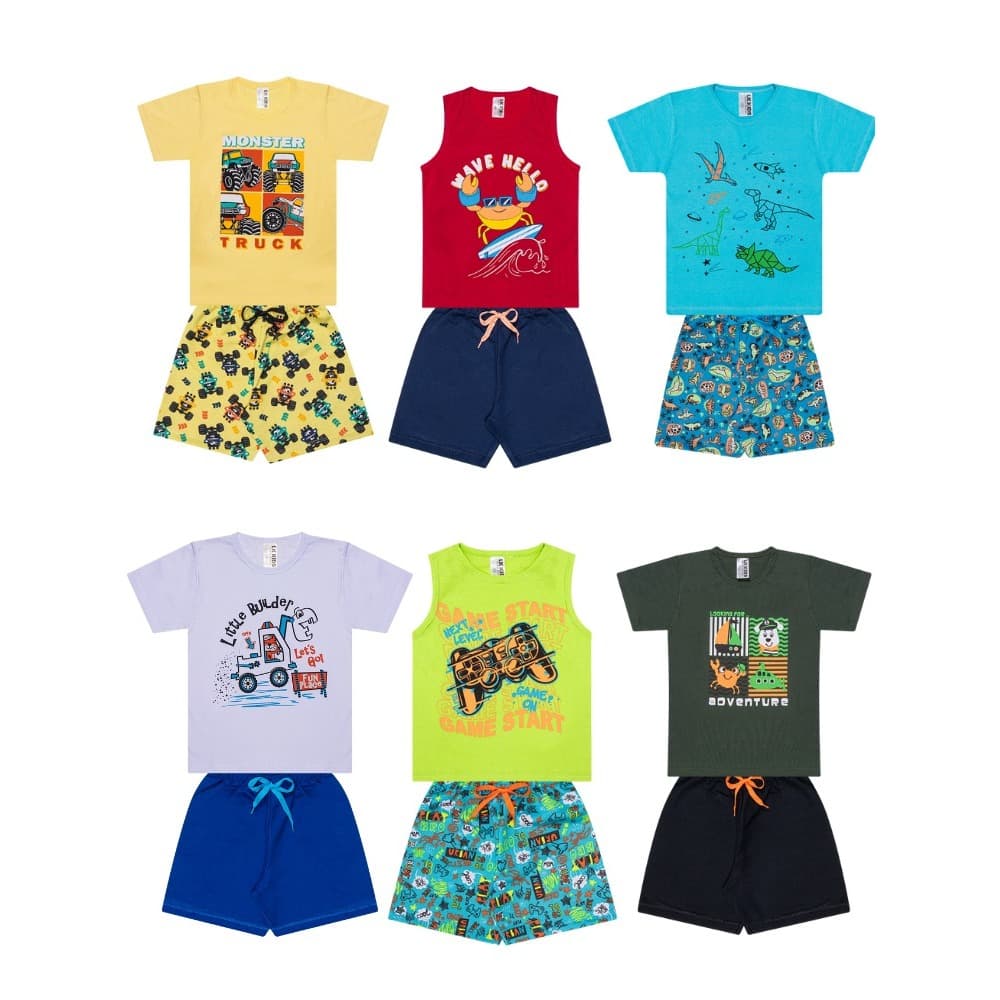 Kit de Conjuntos 6 Peças:3 Camisetas e 3 Bermudas Sortidas Algodão- Estampas Variadas. Produto de Alta Qualidade