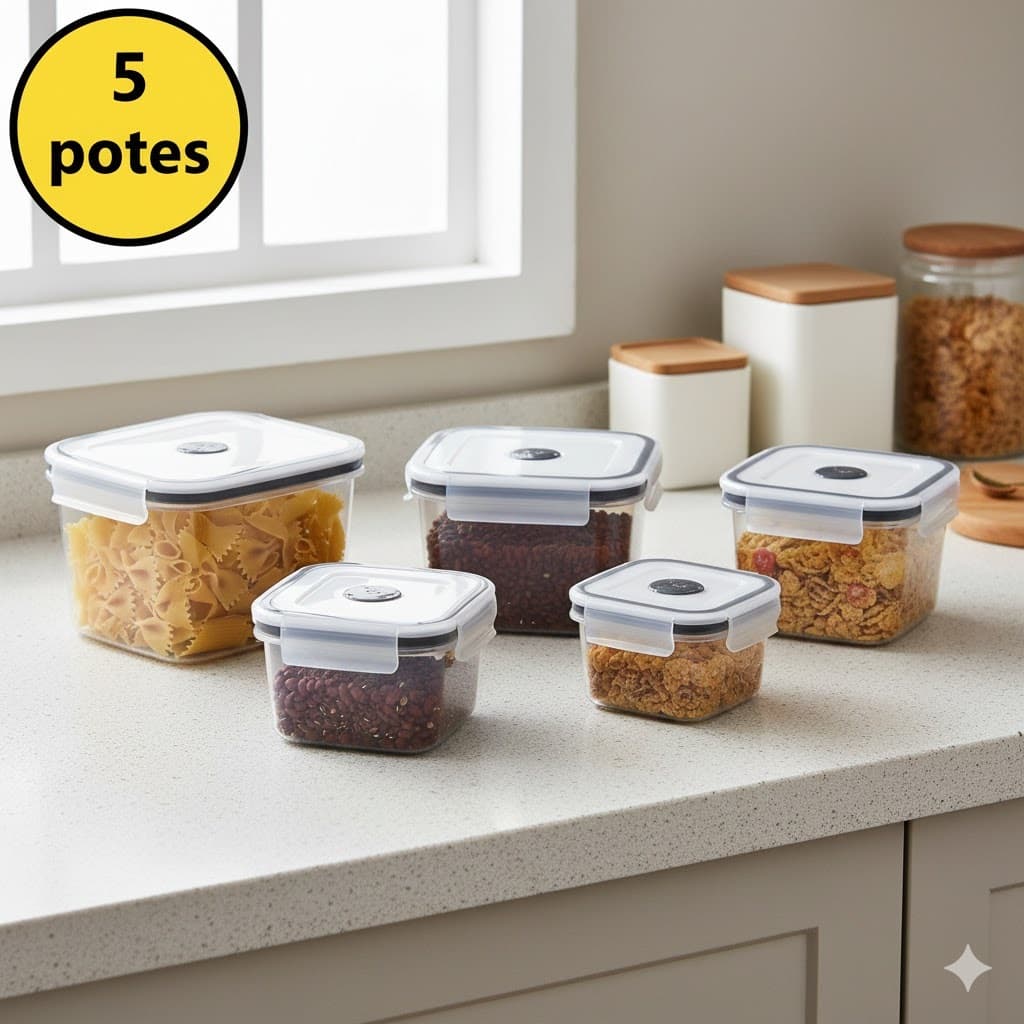 Kit 5 Potes Herméticos Plástico Tampa Quadrada Organizador Armazenamento Cozinha