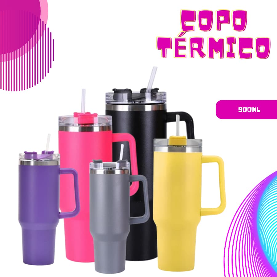 Copo Térmico Aço Inoxidável 900ML Com Alça  Tumbl Com Canudo P/ Academia Trabalho Caminhada