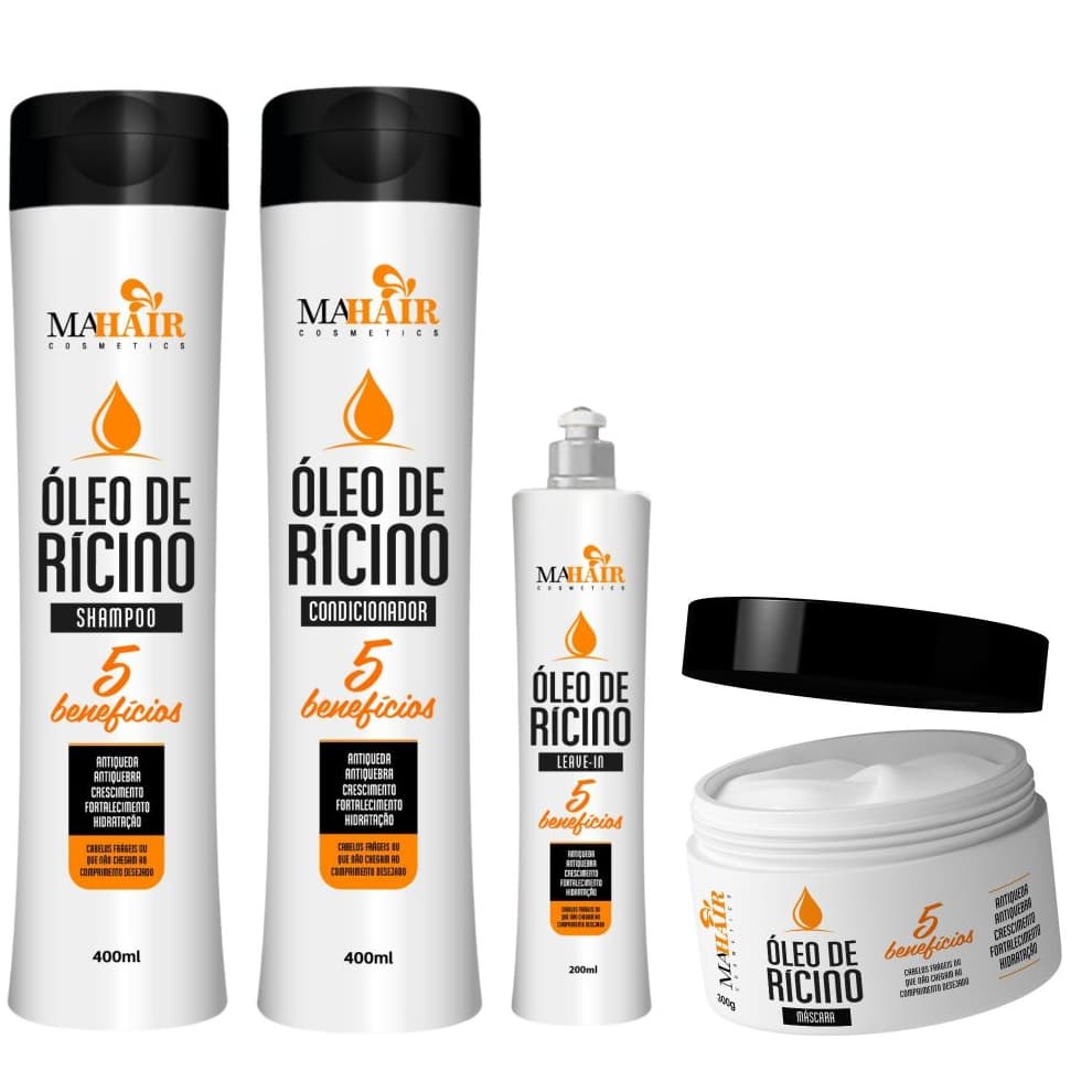 Kit Capilar Shampoo Condicionador Máscara Capilar e Leave-In Óleo de Rícino Mahair