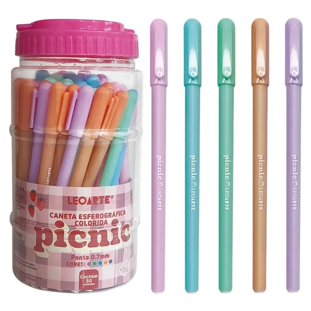 ✨ Pote 50 Canetas Esferográficas Picnic 7.0mm – Leo & Leo (5 Cores)