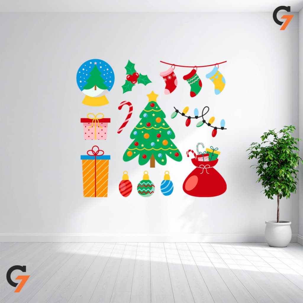 Adesivo de Parede Para o Natal Decoração Moderna Cartela Desenhos Natalinos Autocolante Lavável