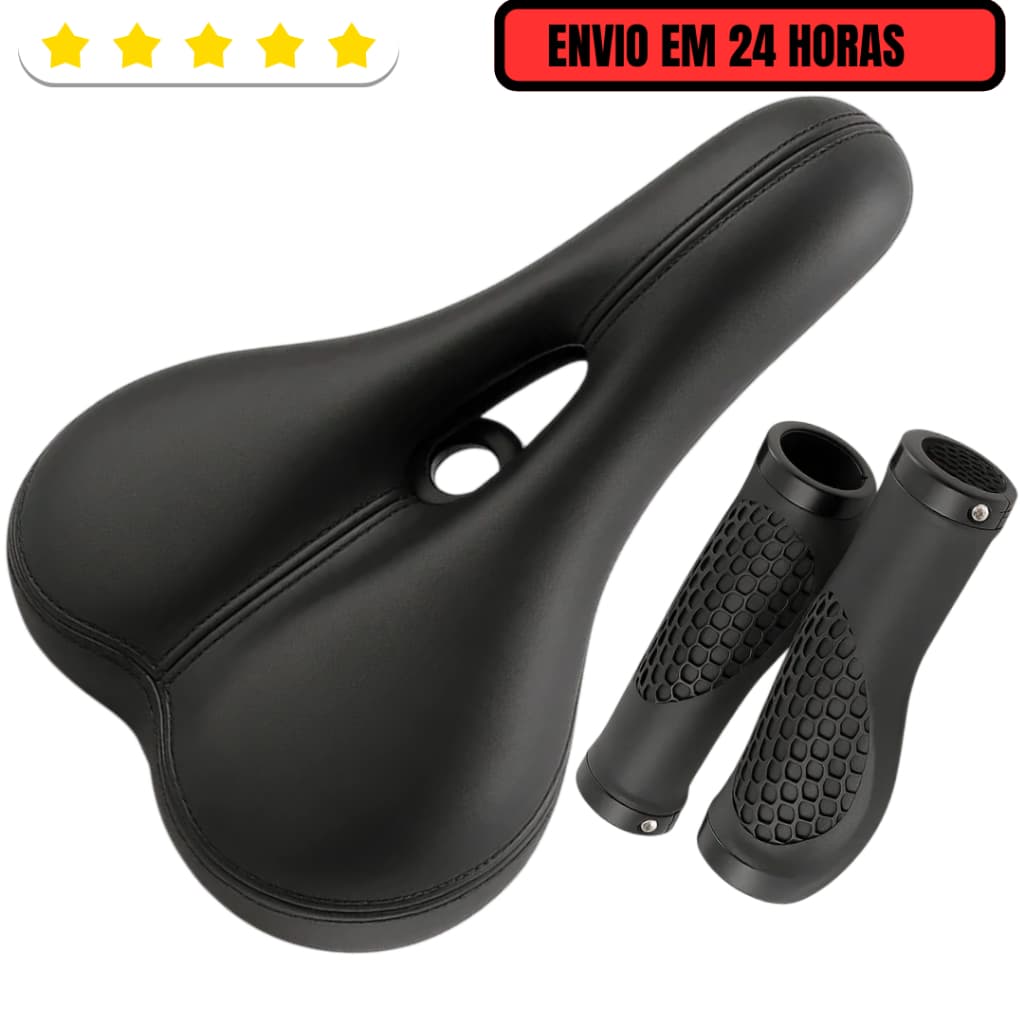 Selim Banco Vazado Bike Mtb Confortável Bicicleta + Manopla Anatômica C/travas