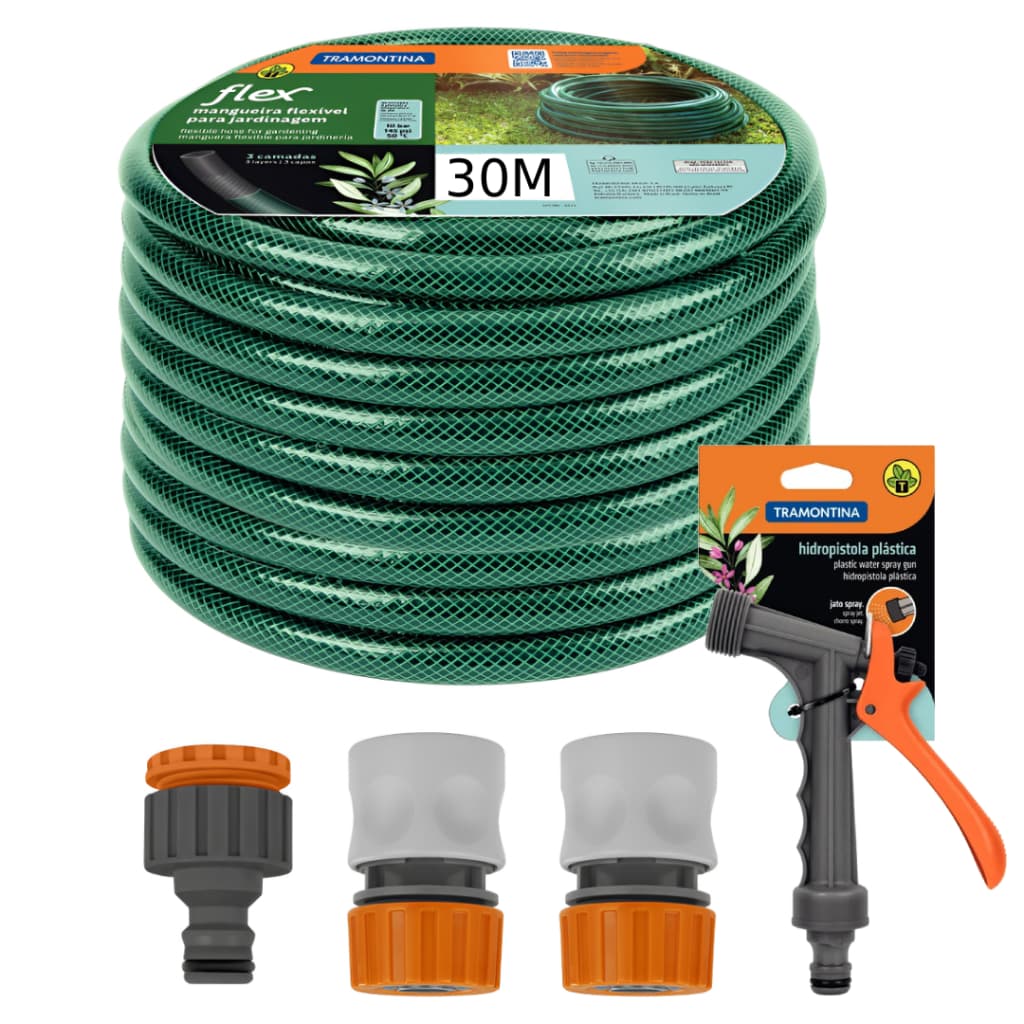 Mangueira de Jardim Tramontina ate 35 metros 1/2 Trançada kit Engate resolver e Esguicho