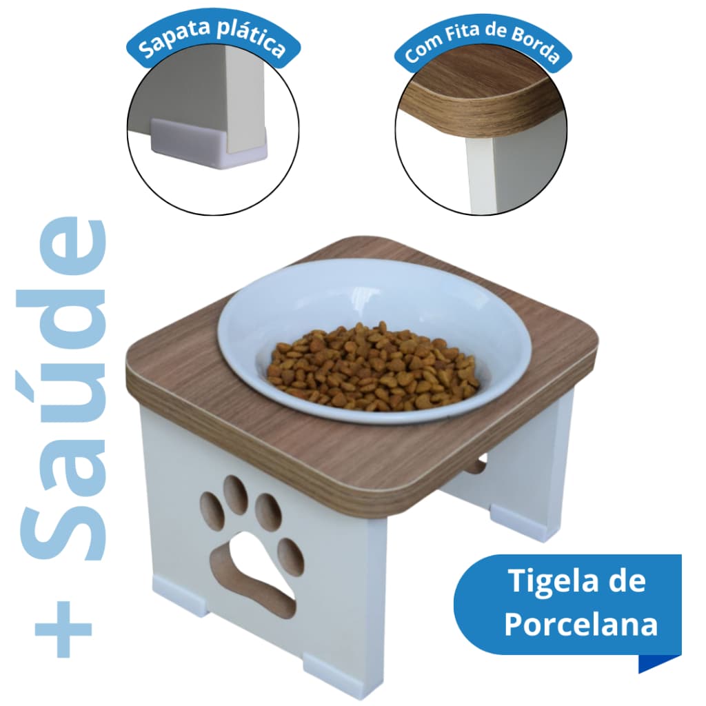 Comedouro Cachorro Ergonômico Sustentável Elevado Para Pet MDF - Tigela Inox Porcelana