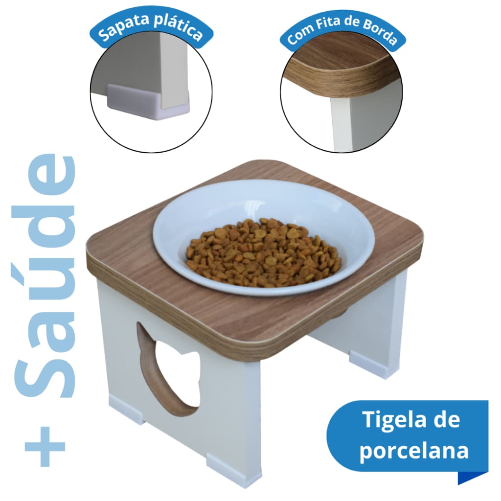 Comedouro Gato Elevado Sustentável - Ergonômico MDF Tigela Inox/Porcelana