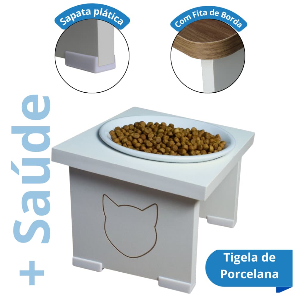 Comedouro Gato Elevado Ergonômico Anti-Vômito Tigela Inox Porcelana Lite