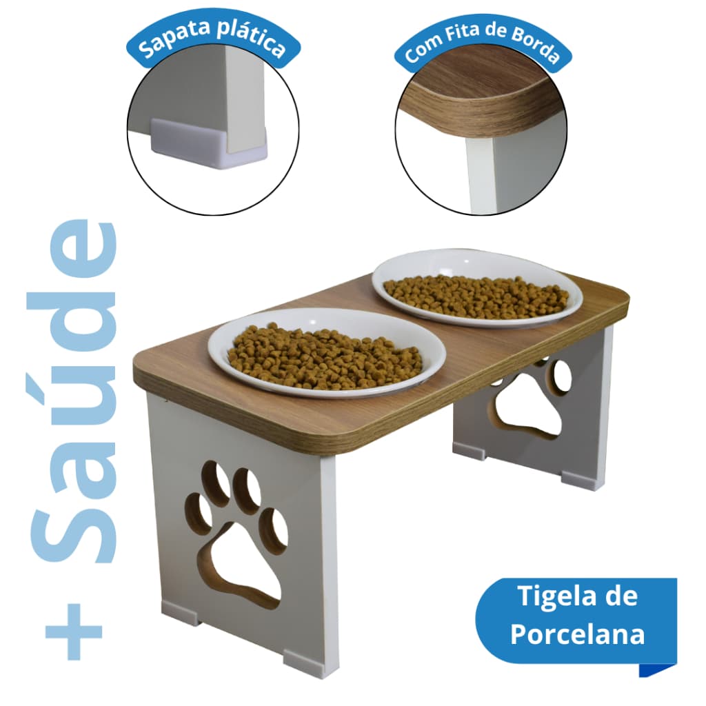 Comedouro Cachorro Grande Elevado Duplo MDF 20/25/30cm - Tigela Inox Premium