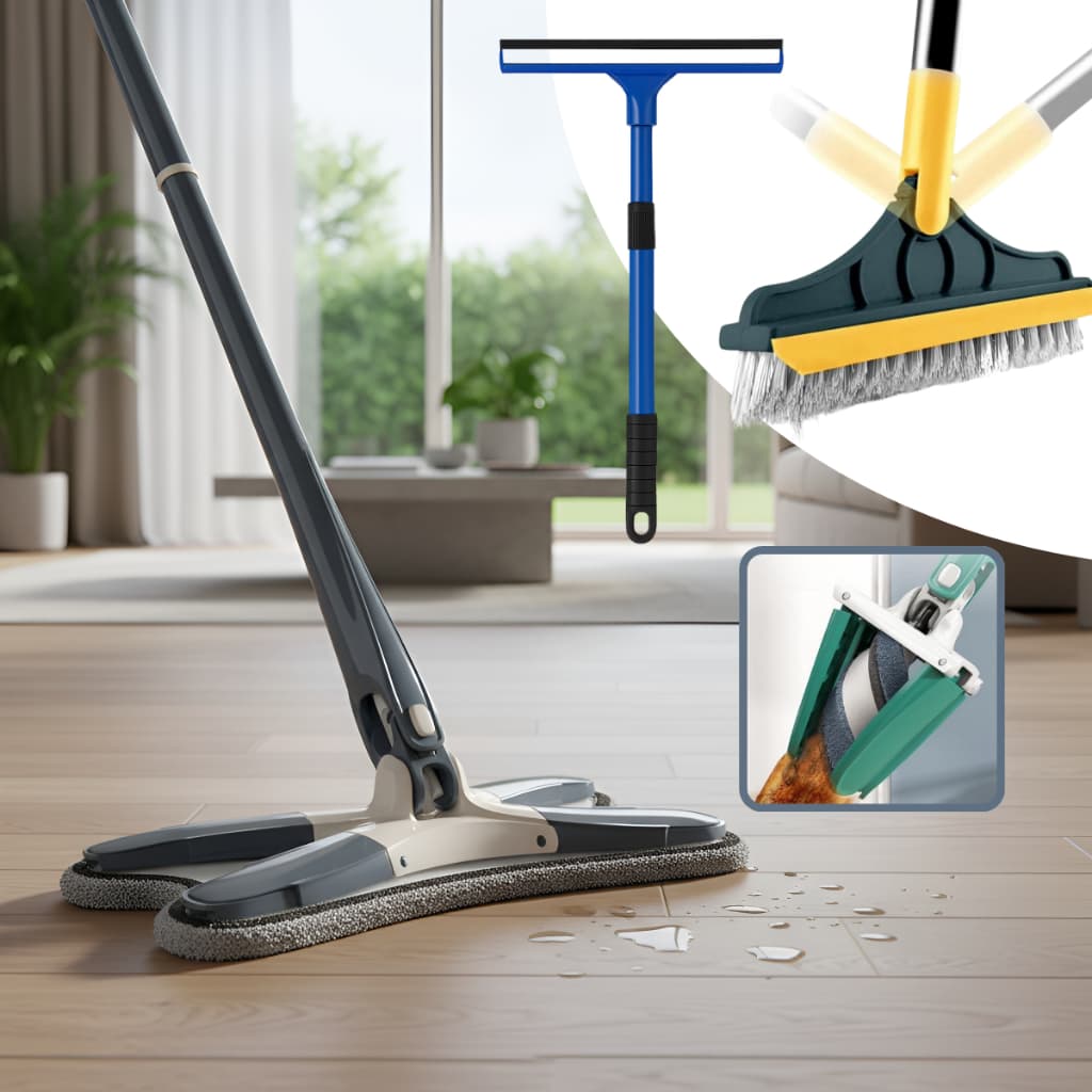 Mop Giratório Limpeza Chão Teto Parede + Escova Vassoura Rodo + Limpa Vidros