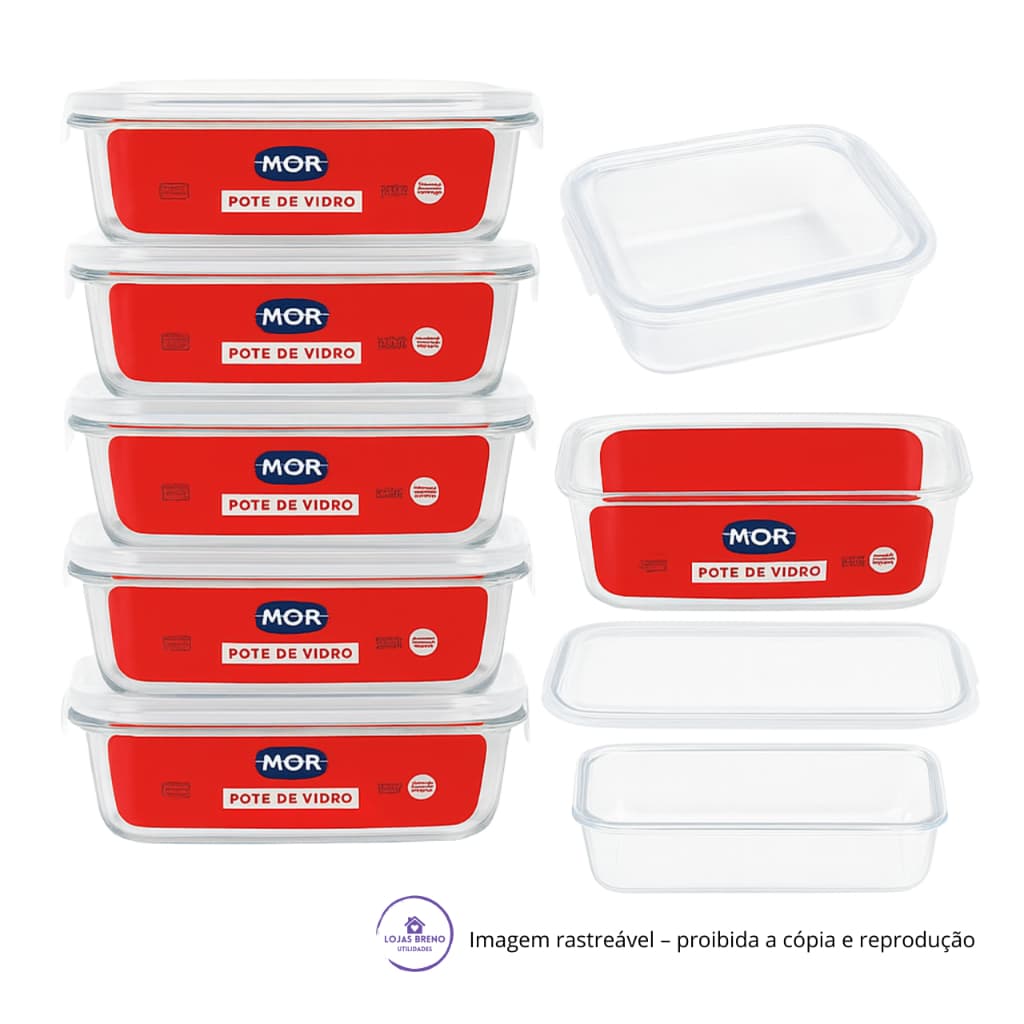 Kit 6 Potes Herméticos Vidro 640ml Retangular Tampa Trava Marmita Fitness Forno Refratário