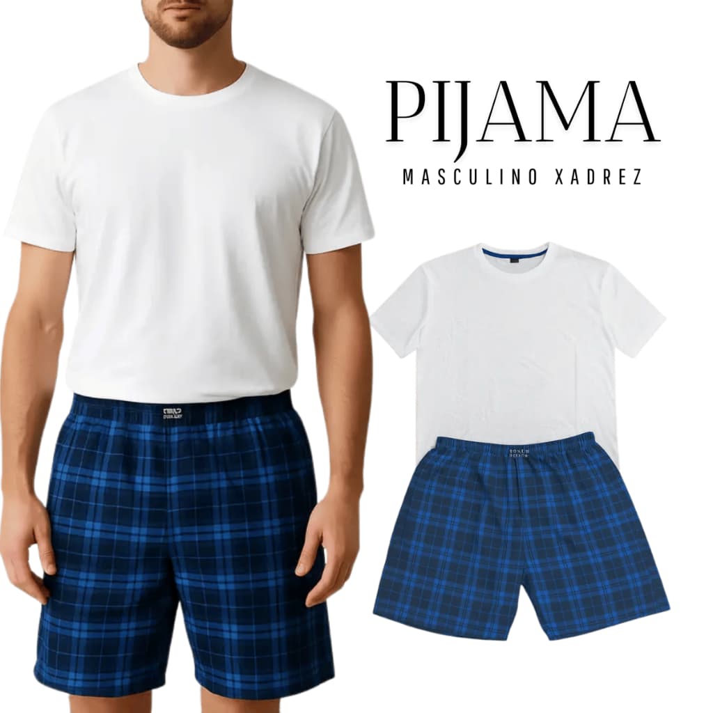 Pijama Masculino Xadrez Manga Curta Verão Confortável para Noites Quentes