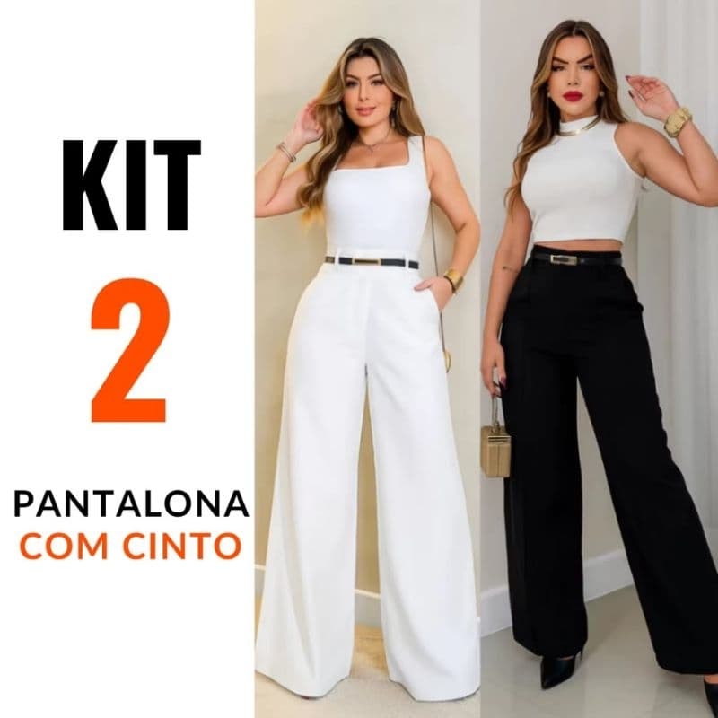 Kit 2 Calça Pantalona Feminina Alfaiataria Elegante com Cinto Novo Lançamento