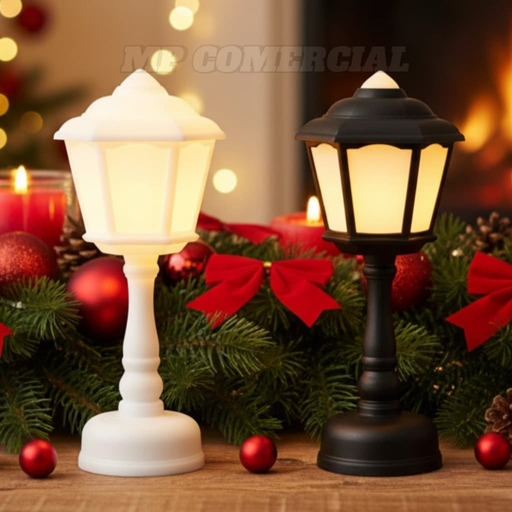Luminária Plástico Poste Antigo Branco/Preto 17cm Vila Natalina Enfeite Decorativo Envio Imediato