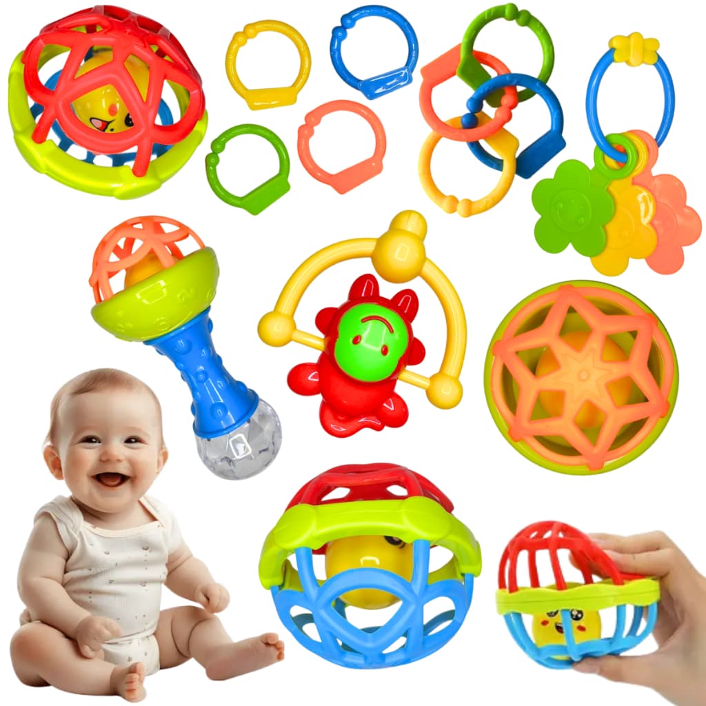 Kit Mordedor Chocalho Para Bebe Sensorial Macio Bolinha Mordedor Silicone Baby Ball Brinquedo Nenem 8 peças