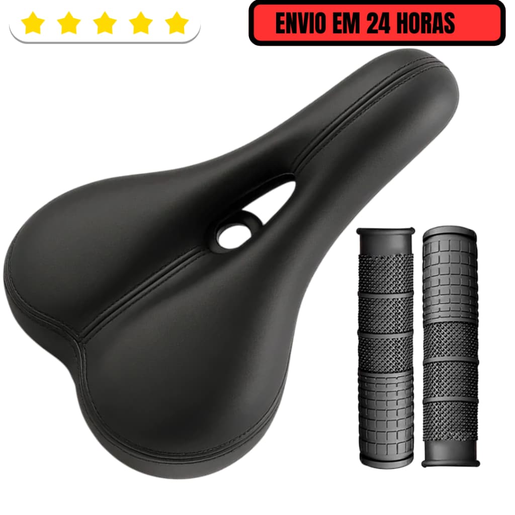 Selim Vazado MTB Banco Bicicleta Confortavel Assento Couro Preto Eco Par de Manoplas Bike