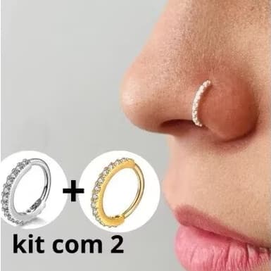 Kit 2 Piercing Nariz Cartilagem Argola Cravejado Strass 8mm
