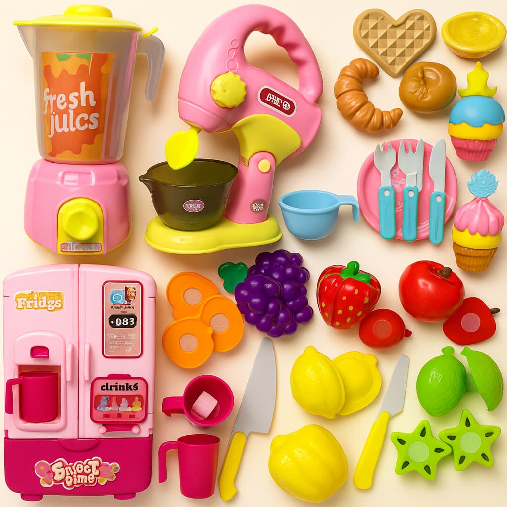 Kit Cozinha Brinquedo Infantil Geladeira Liquidificador Batedeira frutas cortaveis velcro crec Menino Menina