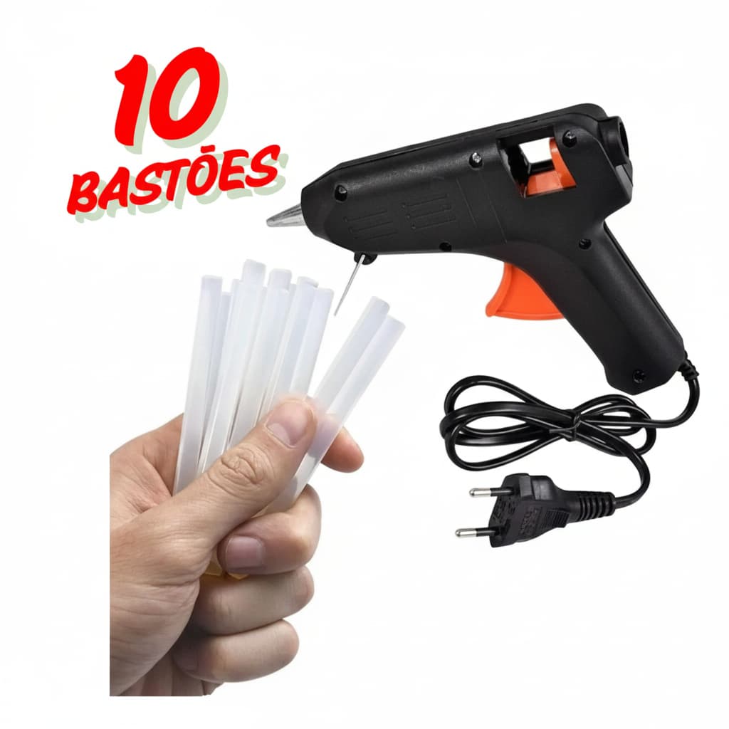 Pistola Cola Quente Elétrica Rápida Bivolt - 110V/220V - Mini 10W + 10 Bastões Finos