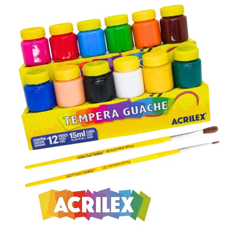 Tinta Guache Acrilex 6 Ou 12 Cores + 2 Pinceis Para Colorir Pintar Guache Escolar Pintura Arte