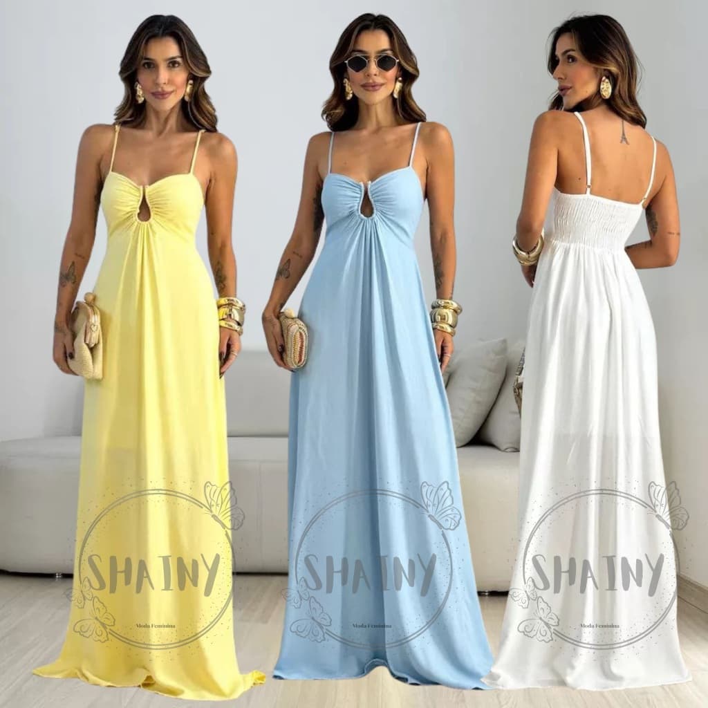 Vestido Longo Feminino Alças Finas Modas| Com Detalhe Gota no Busto, e elastex nas costas Moda Verão