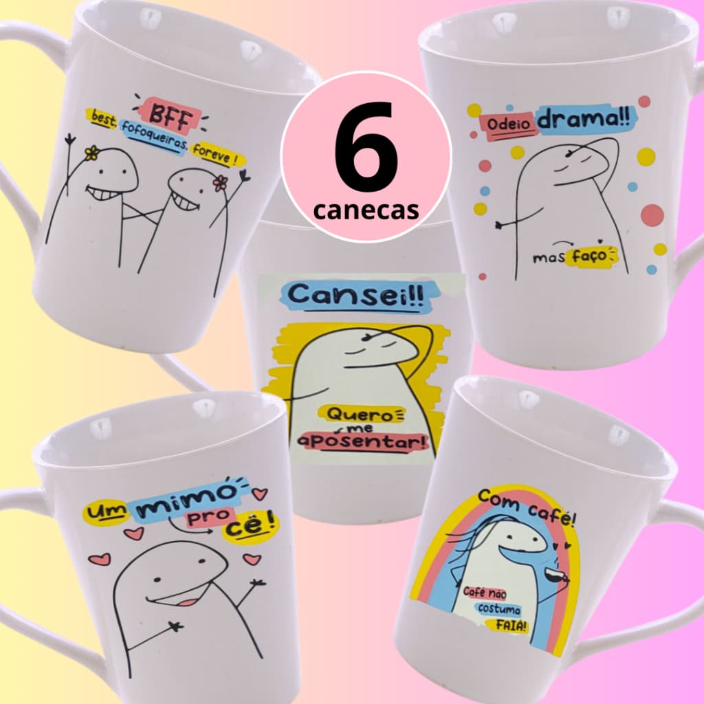 Kit 6 Canecas Personalizadas Meme Flork Bento Diversas Frases 300ml Presente